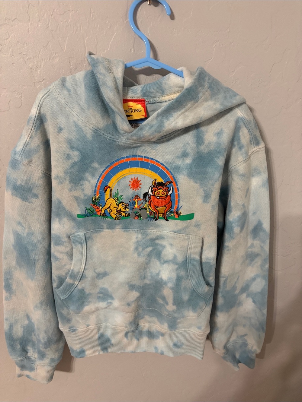 Disney Light Blue Tie-Dye Hoodie with Lion King Rainbow Graphic